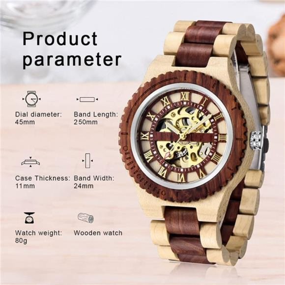 Men's Wooden Watch Skeleton Automatic Movement Wood Watch Self-Winding Watches - Picture 2 of 7